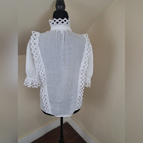 Frame Women's Embroidered High-Neck Short Sleeve Blouse Top Size S - Picture 6 of 13